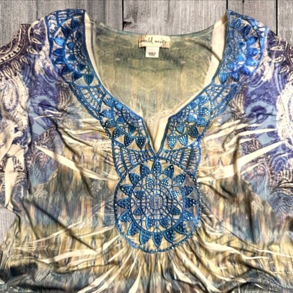 World Unity Star Ace Blue Purple Midi Short Sleeved Dress Women's Size Large - Picture 7 of 11